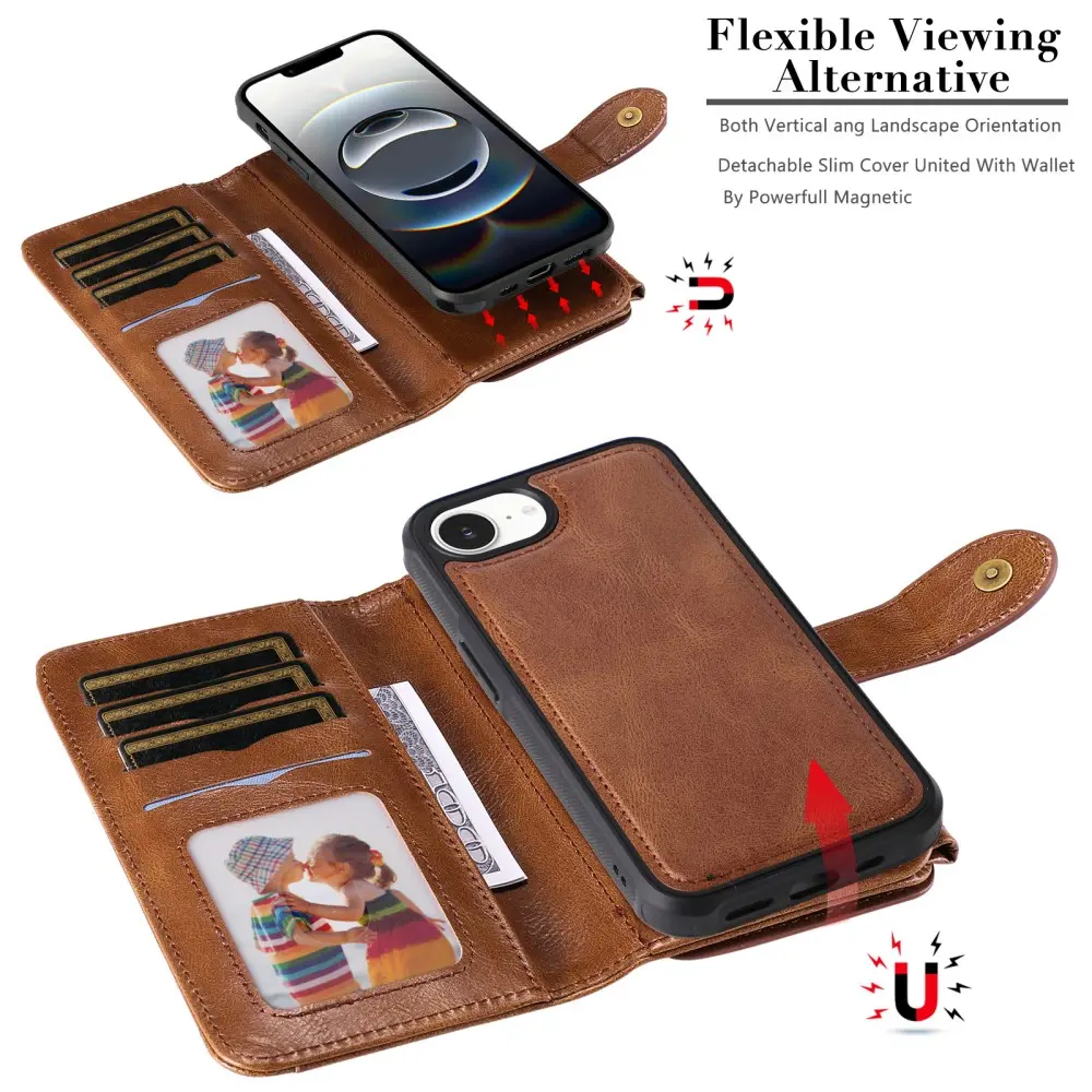 Magnet Leather Multi-Wallet iPhone 16e Brun