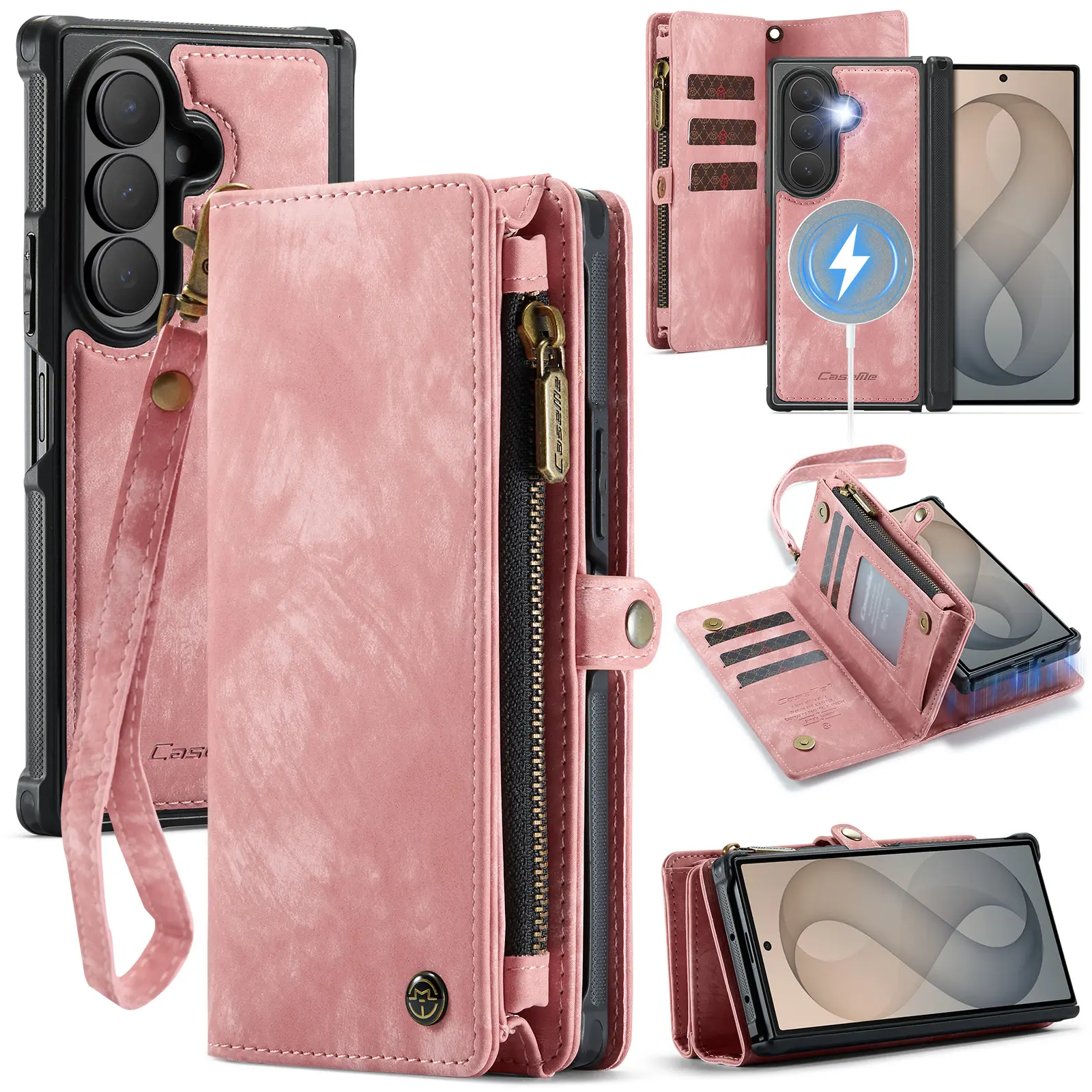 Samsung Galaxy Z Fold 8 Ultra Tilava lompakkokotelo useilla korttipaikoilla, Vaaleanpunainen
