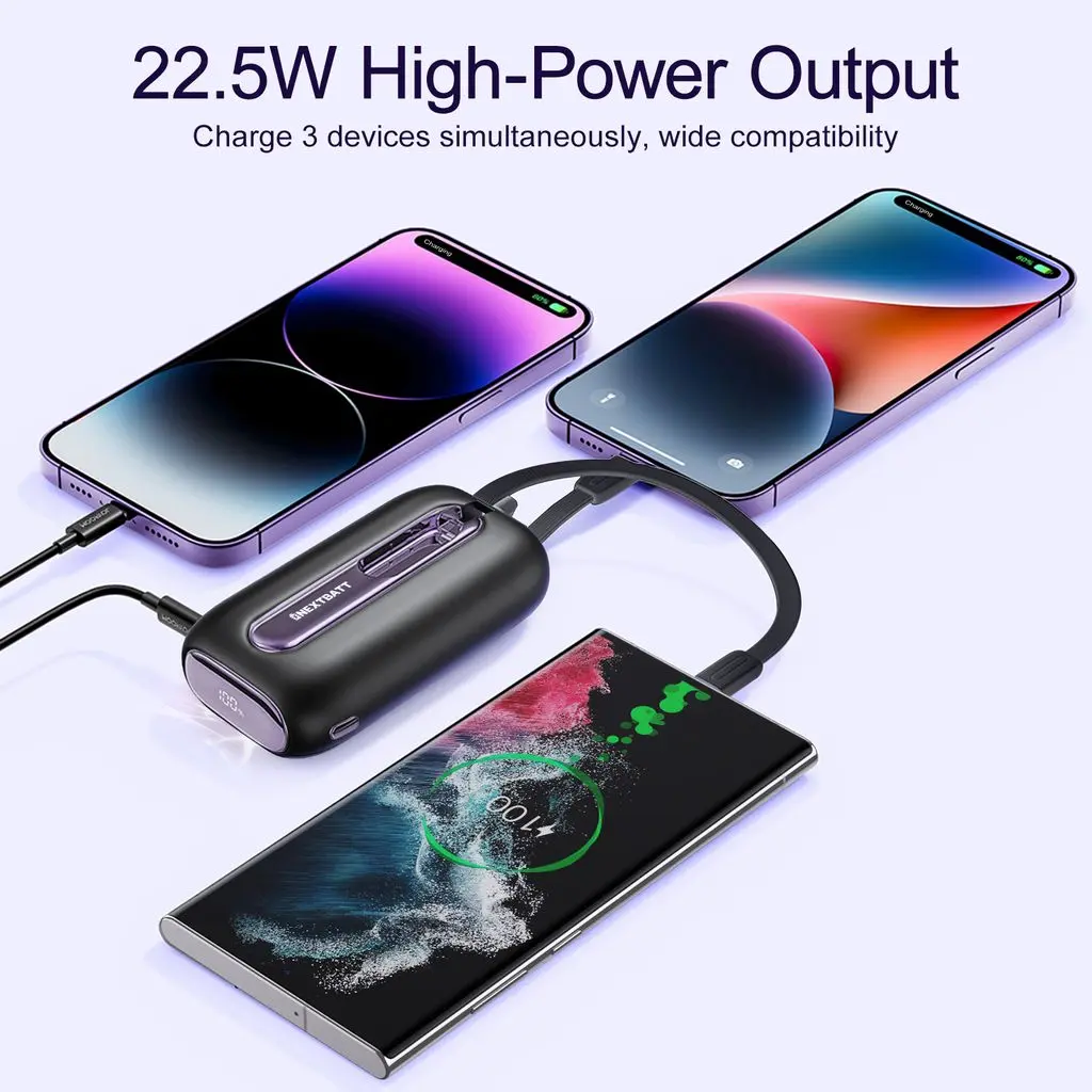 Mini Powerbank 10000 mAh 22.5W med inbyggda kablar Svart