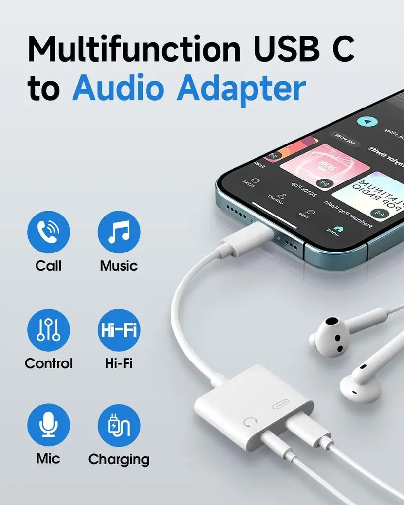 USB-C till 3.5 mm adapter för ljud och laddning Vit