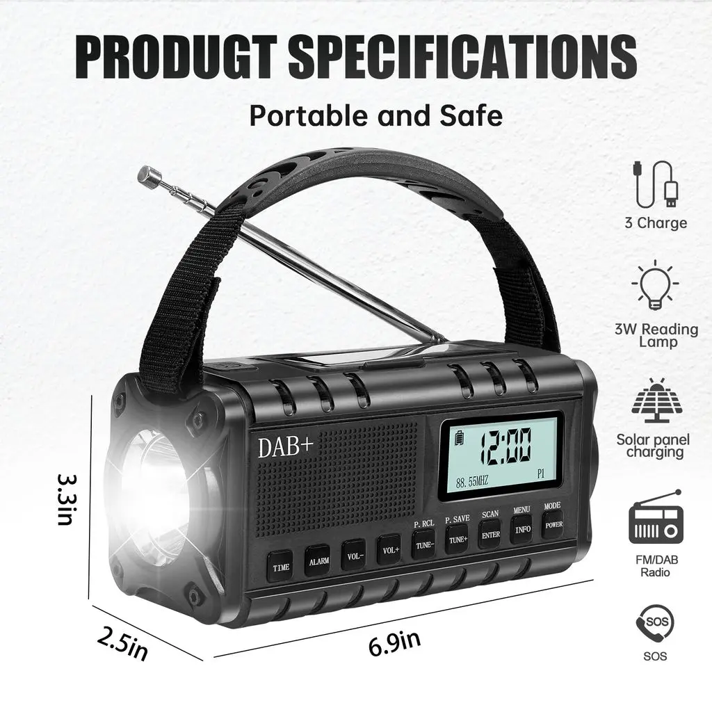 DAB+/FM Nödradio med handvev, powerbank, ficklampa och solceller Svart