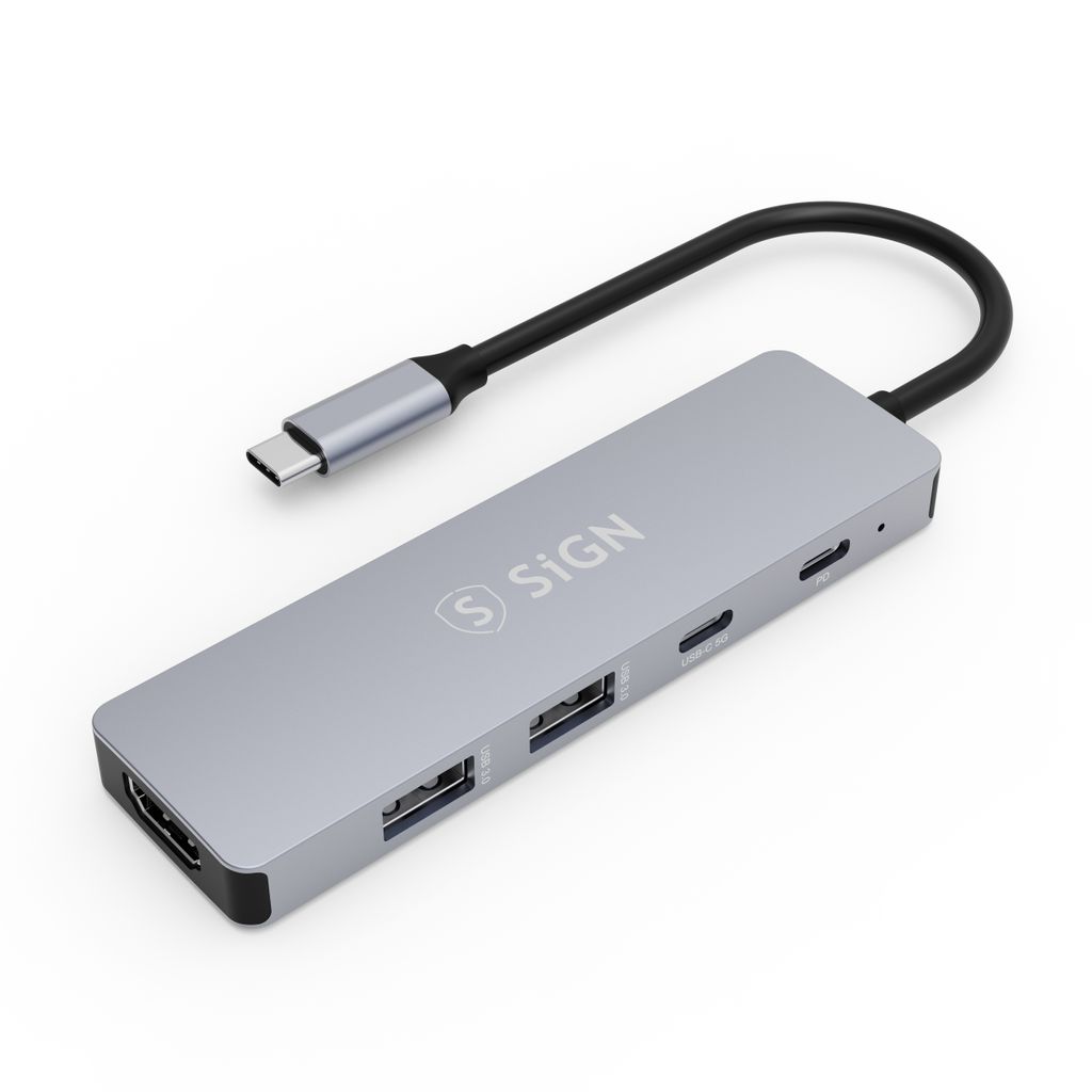 SiGN 5-i-1 hubb USB-C til 2x USB-A + HDMI + USB-C + PD Grå