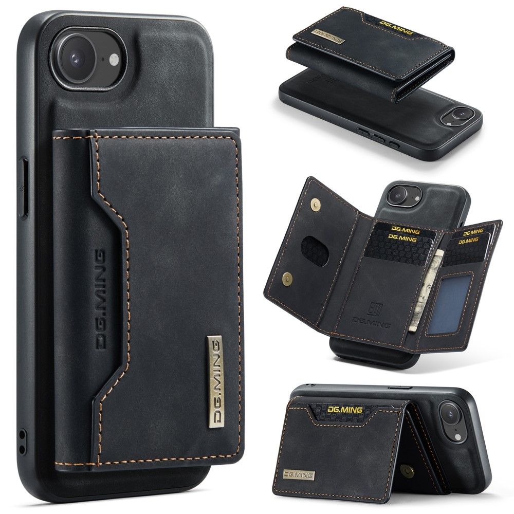 DG.MING Magnetic Card Slot Case iPhone 16e Svart - Praktiskt lær-etui med avtagbar lommebok og stativfunksjon