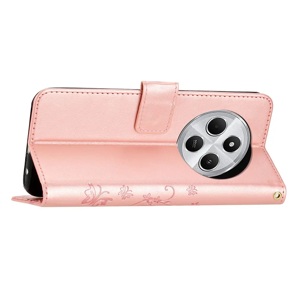 Läderfodral Fjärilar Xiaomi Redmi 14C Rosa guld