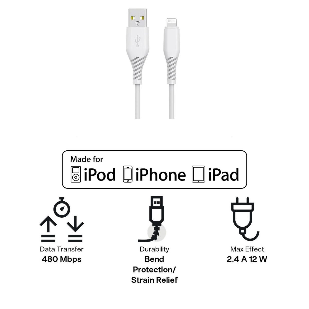 USB-A till Lightning kabel 2m Vit