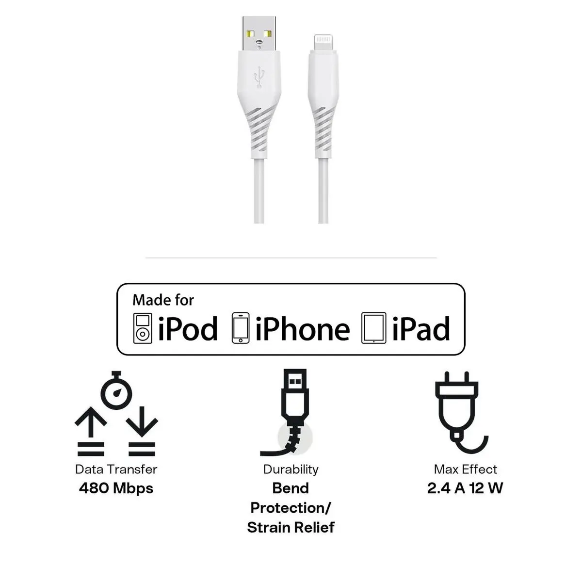 USB-A till Lightning kabel 2m Vit