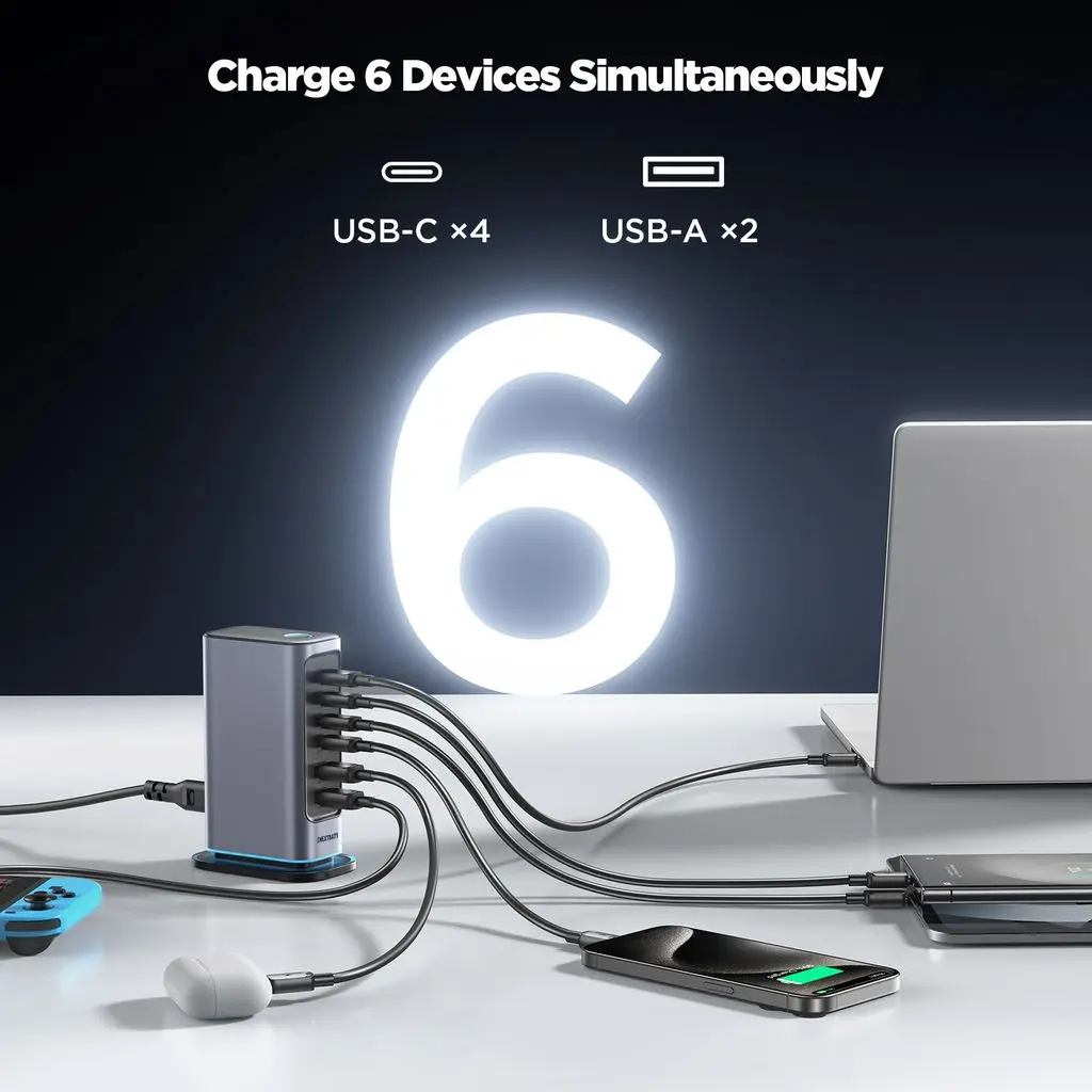 6-in-1 65W GaN Multi USB-laddare 4 USB-C + 2 USB-A Grå