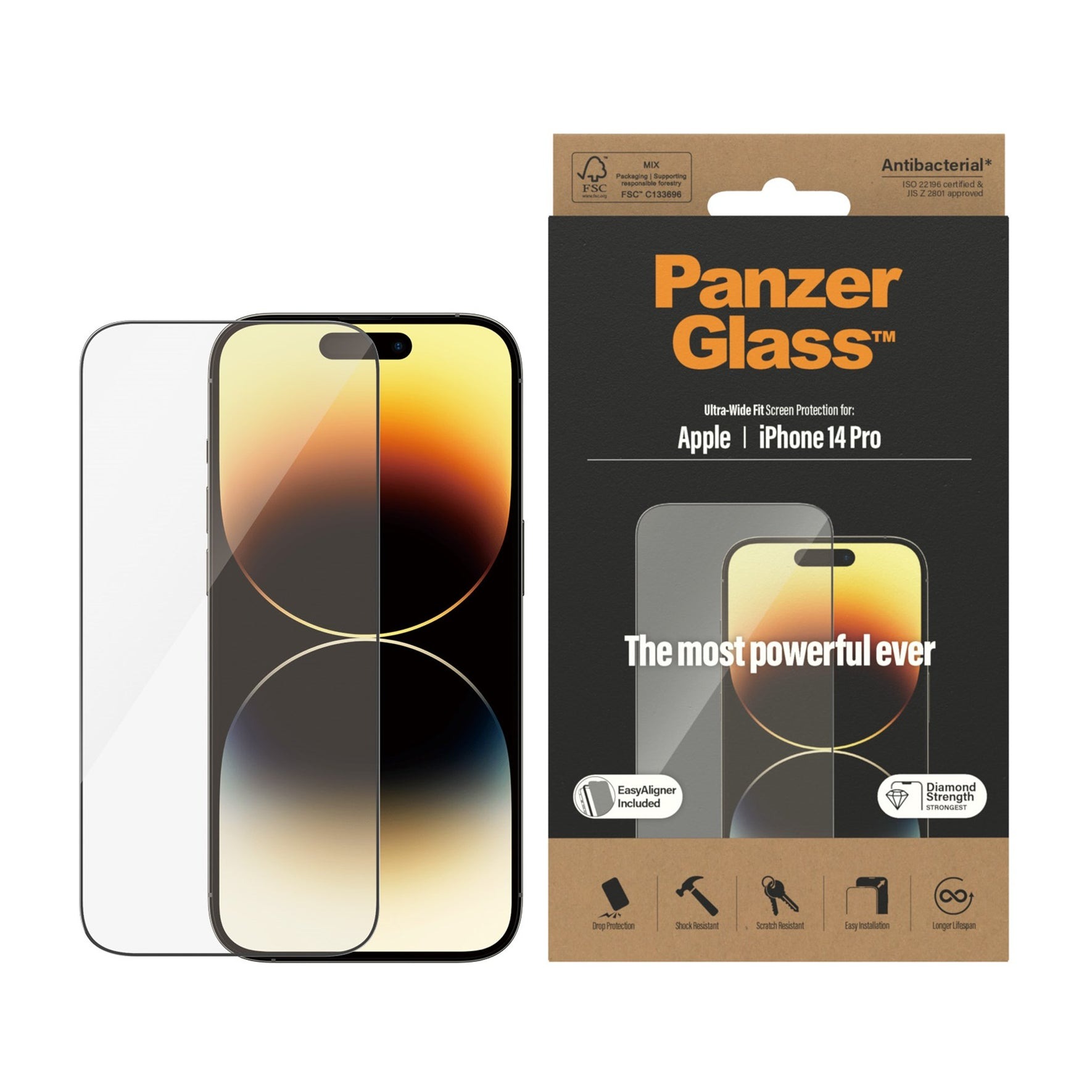 PanzerGlass iPhone 14 Pro Screen Protector (with EasyAligner) Ultra Wide Fit - Herdet glass skjermbeskytter med monteringsramme - Enkel installasjon