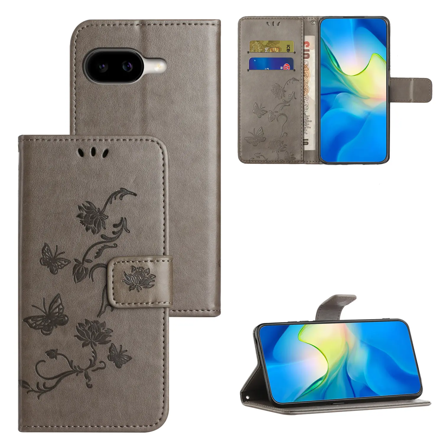 Läderfodral Fjärilar Google Pixel 10a Grå