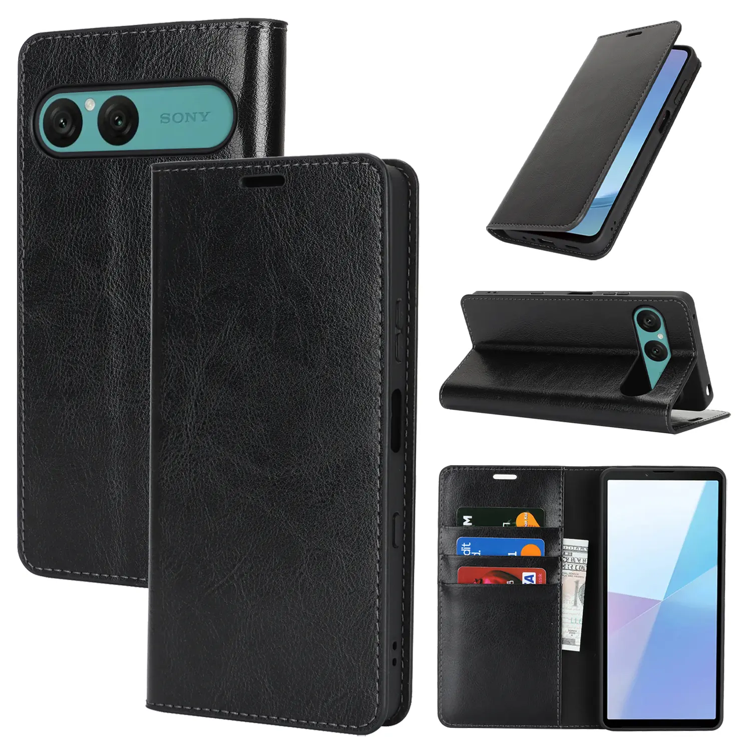 Mobiltaske Ægte Læder Sony Xperia 10 VII Sort
