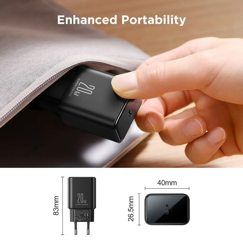 20W snabbladdare PD + 60W USB-C-kabel 1m Svart