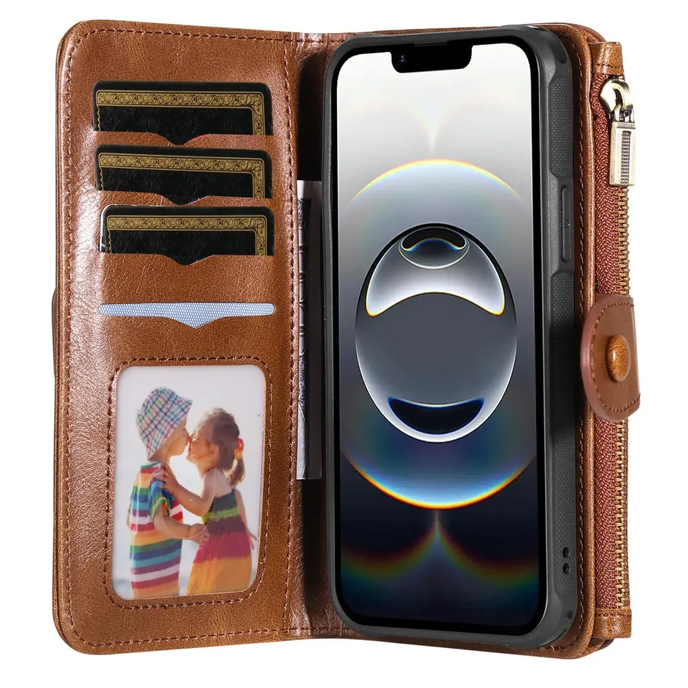 Magnet Leather Multi-Wallet iPhone 16e Brun
