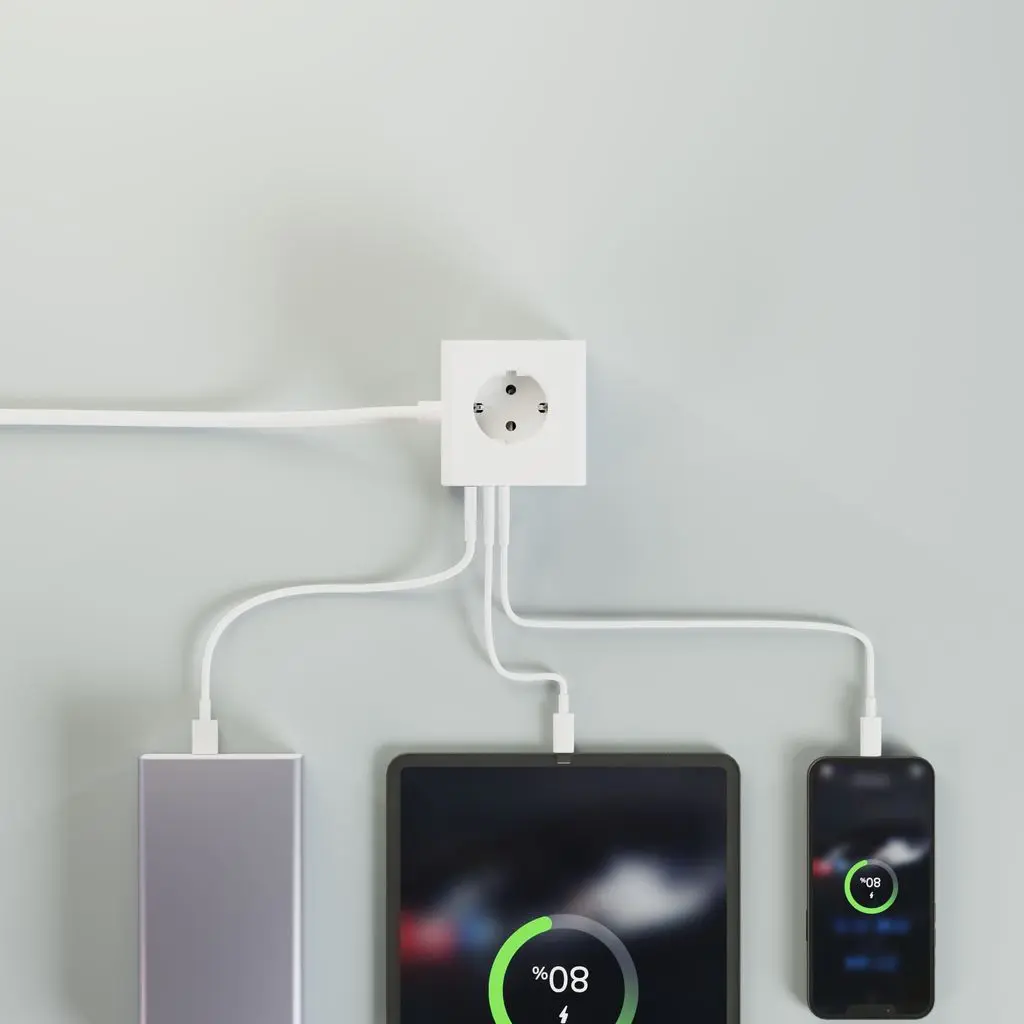 Grenuttag kub med 3 portar + USB-A + 2 x USB-C 1,5m 20W Vit
