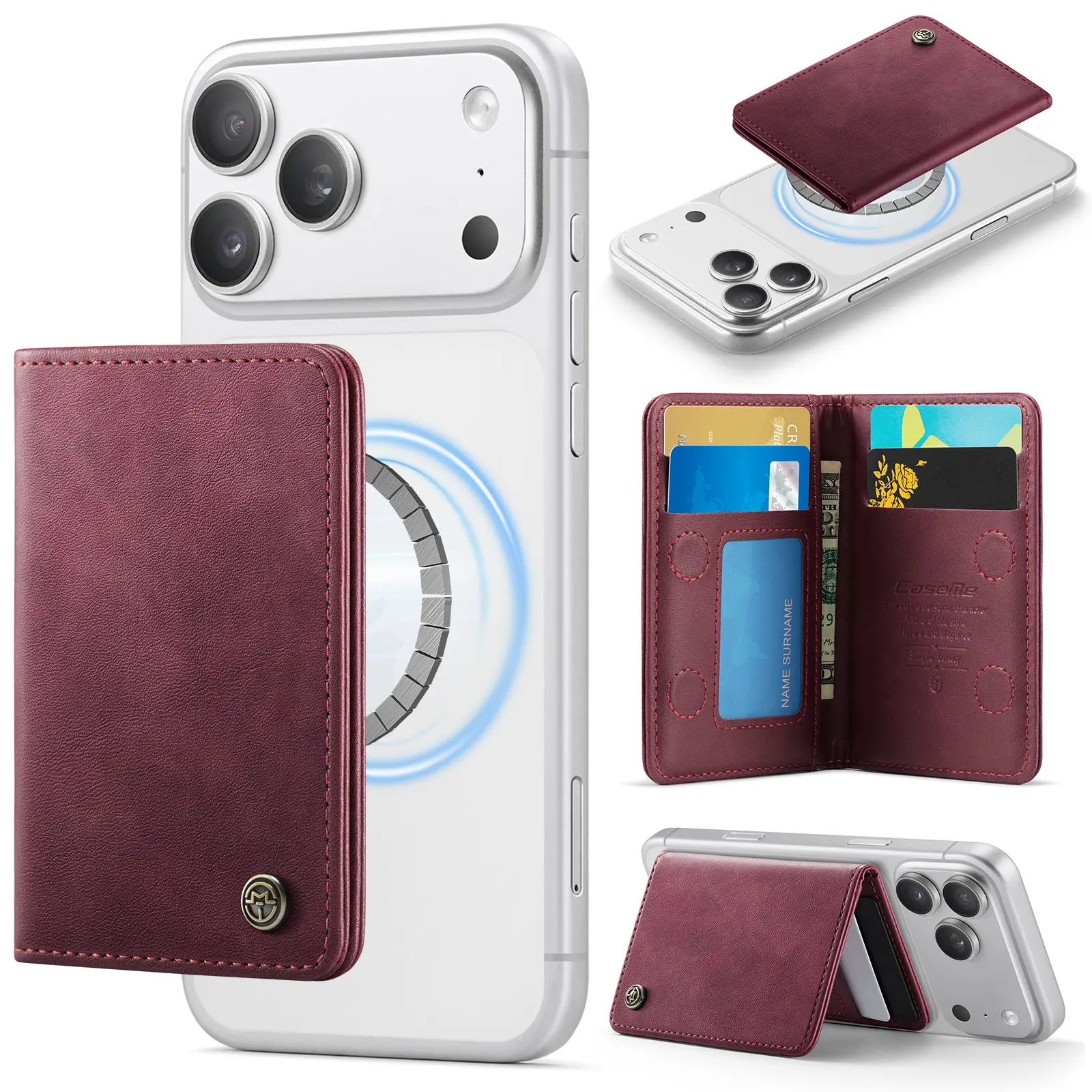 MagSafe korthållare i läder med ställfunktion och RFID-skydd, Röd