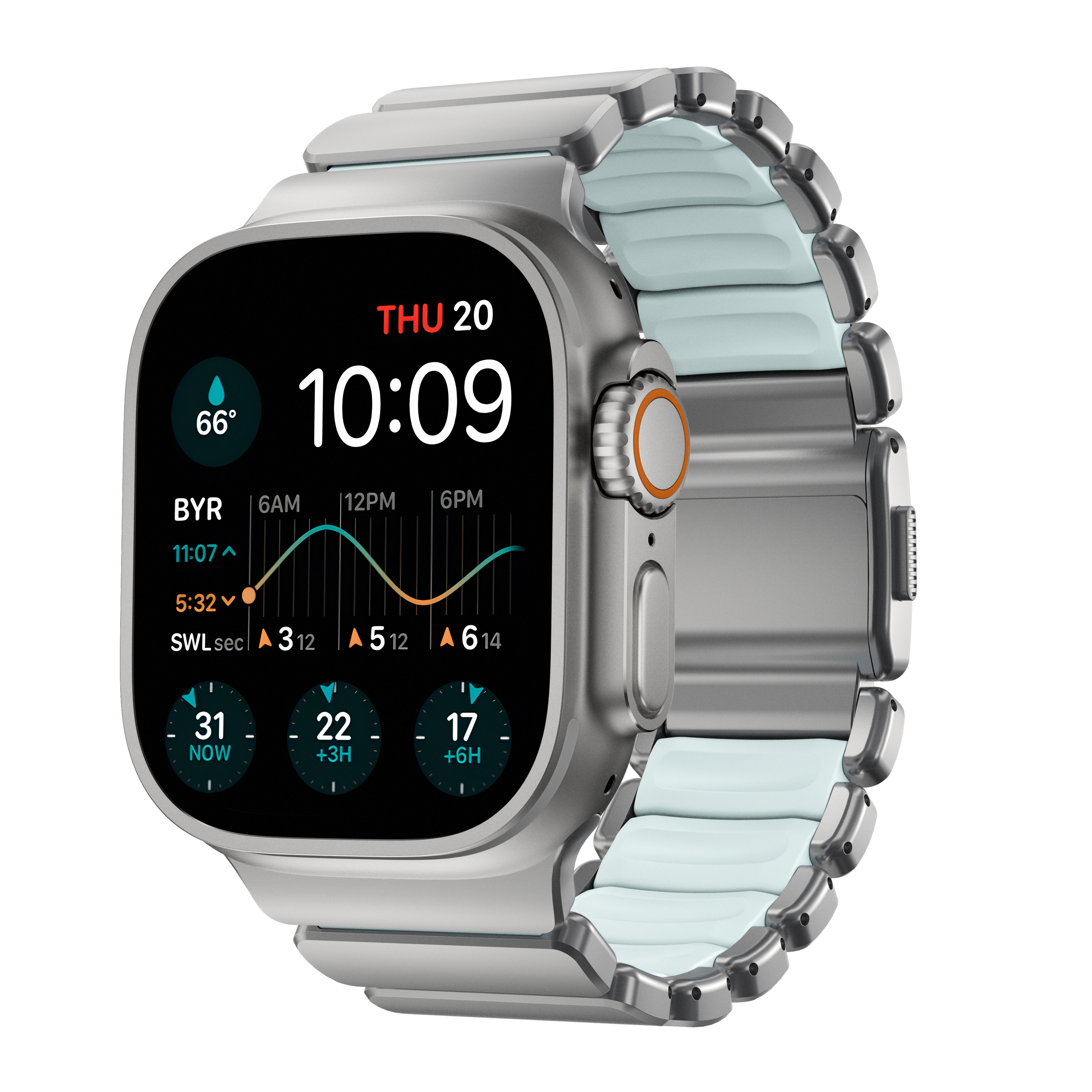Nomad Apple Watch Ultra 49mm 1st Gen Reim Stratos, Natural Titanium - Icy Blue Glow