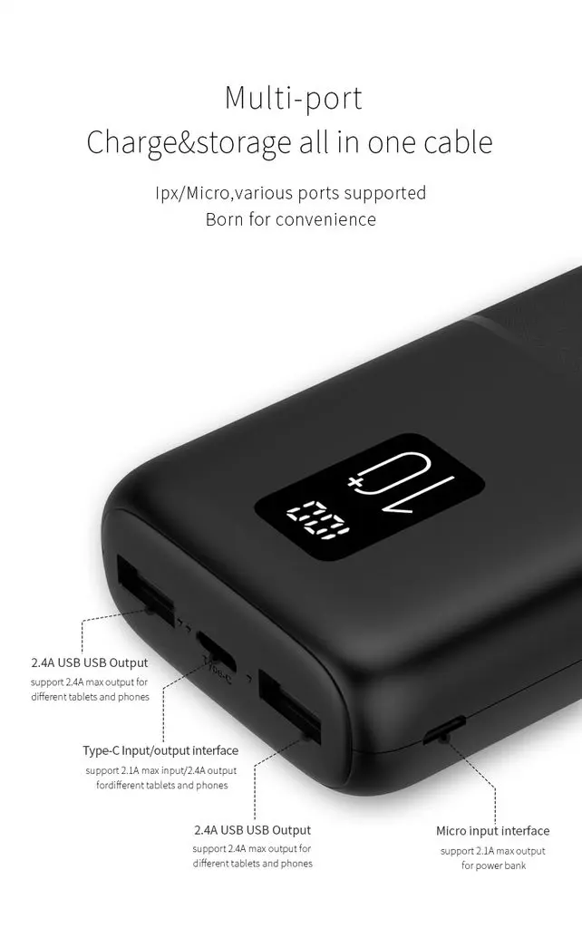 Mini Powerbank QC med Display 10000mAh, Trippel Utgång Svart