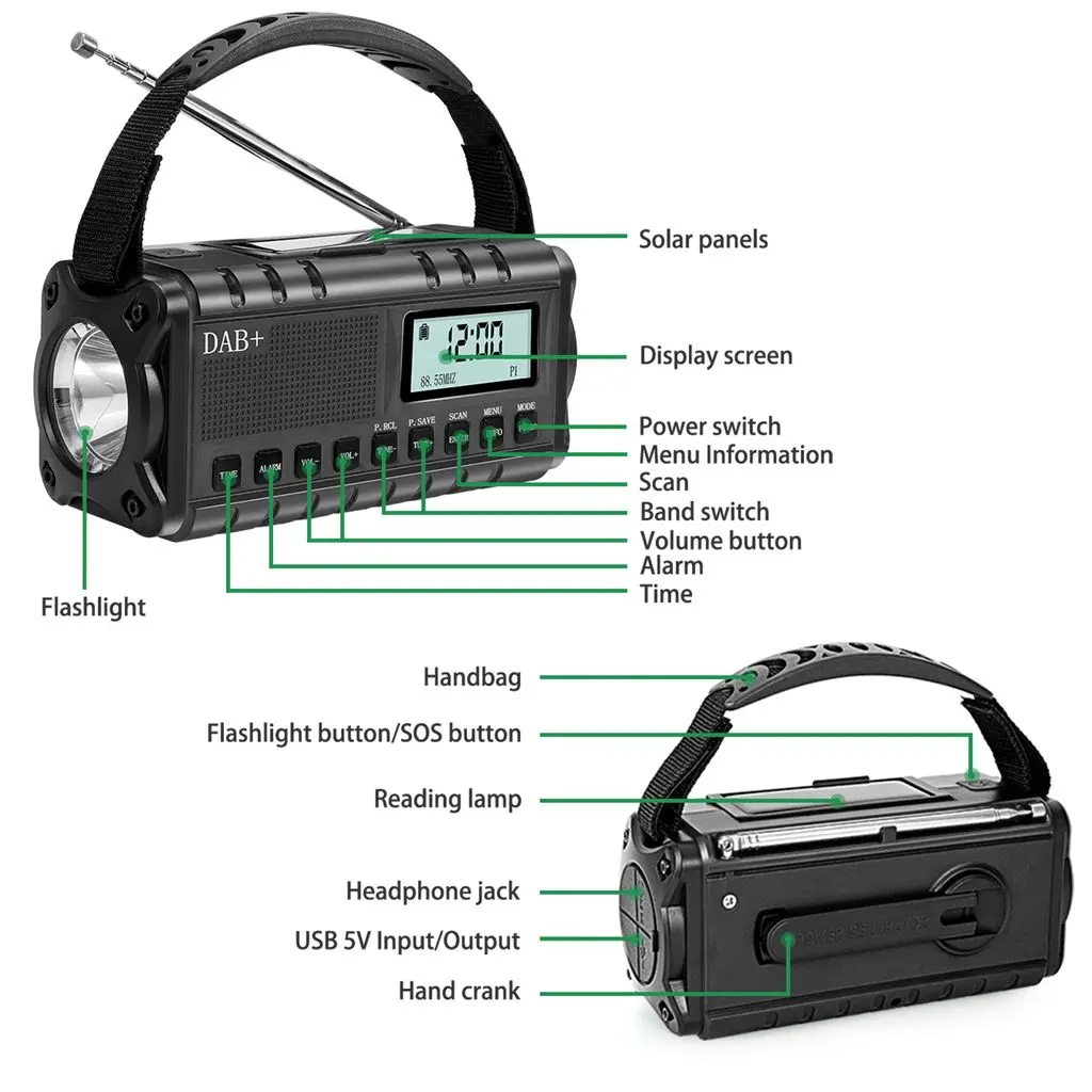 DAB+/FM Nödradio med handvev, powerbank, ficklampa och solceller Svart