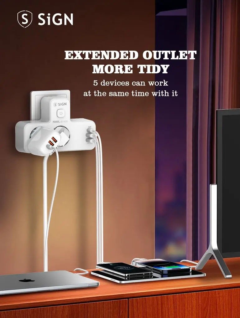 2-vägs Grenuttag med LED-nattlampa + 1x USB-C + 2x USB-A  Vit