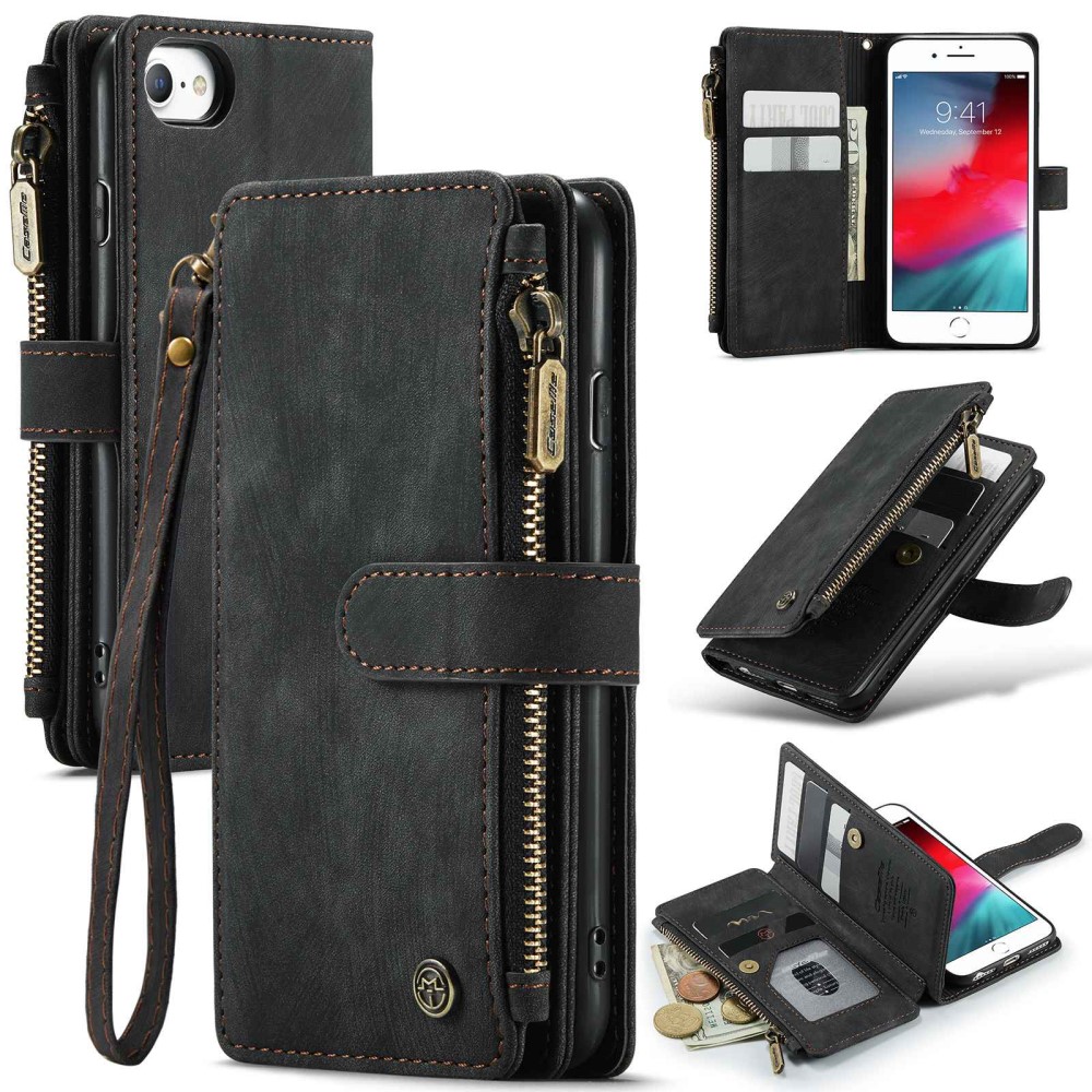 CaseMe Zipper Wallet iPhone 6/6S Svart - Mobildeksel med innebygd lommebok, myntlomme og seddellomme