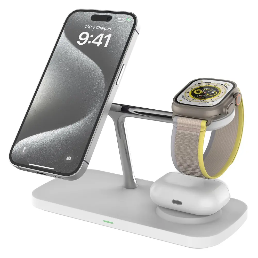 3-i-1 Qi2 MagSafe Trådløs Ladebase hvid