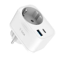 Vægadapter med stikkontakt + USB-C + USB-A 20W Hvid