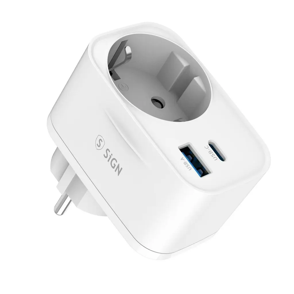 Vægadapter med stikkontakt + USB-C + USB-A 20W Hvid