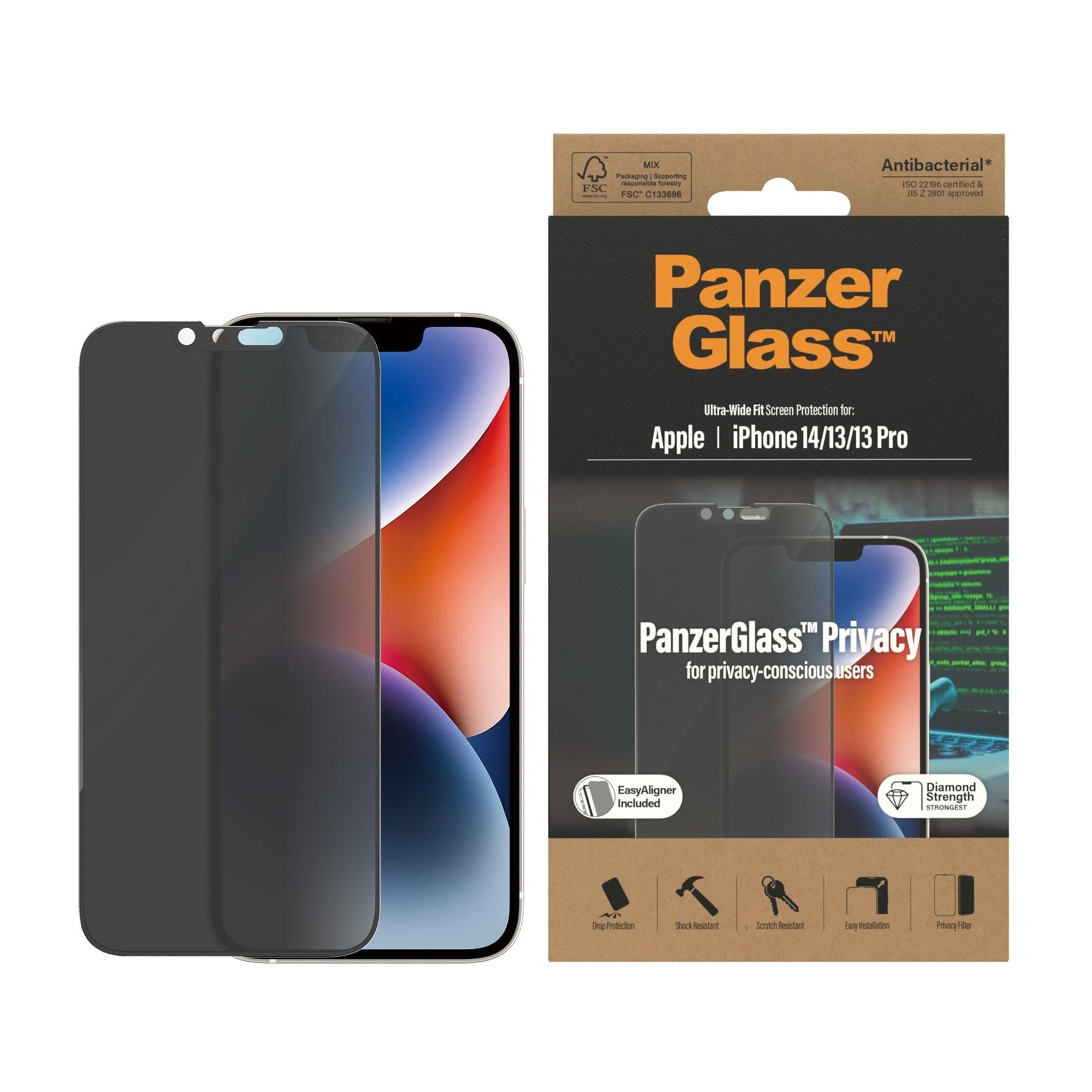 PanzerGlass iPhone 13 Privacy Screen Protector (with EasyAligner) Ultra Wide Fit - Herdet glass personvernbildebeskytter med monteringsramme