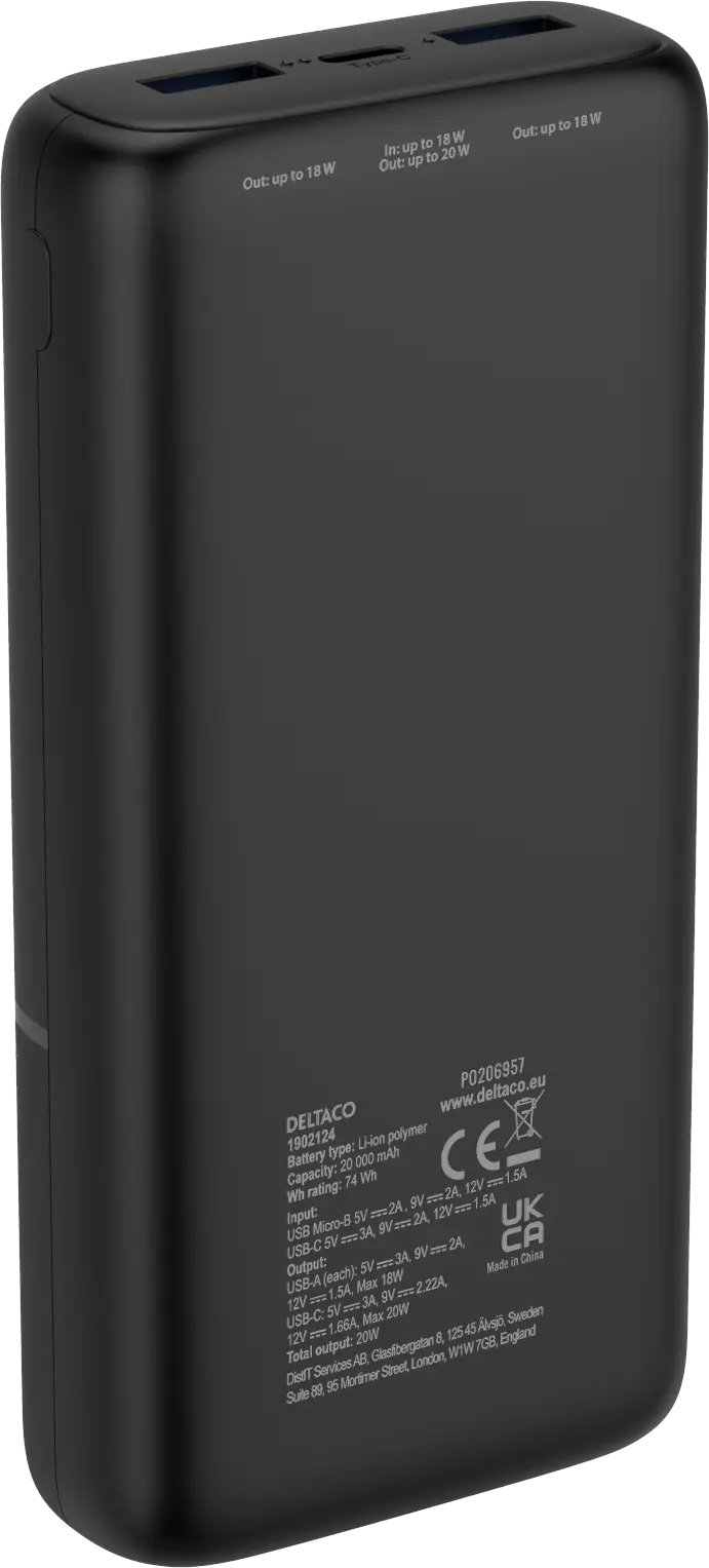 Powerbank USB-C + 2x USB-A 20000 mAh PD 20W Svart