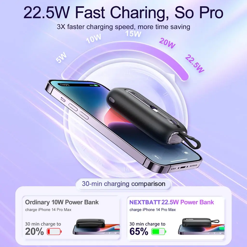 Mini Powerbank 10000 mAh 22.5W med inbyggda kablar Svart