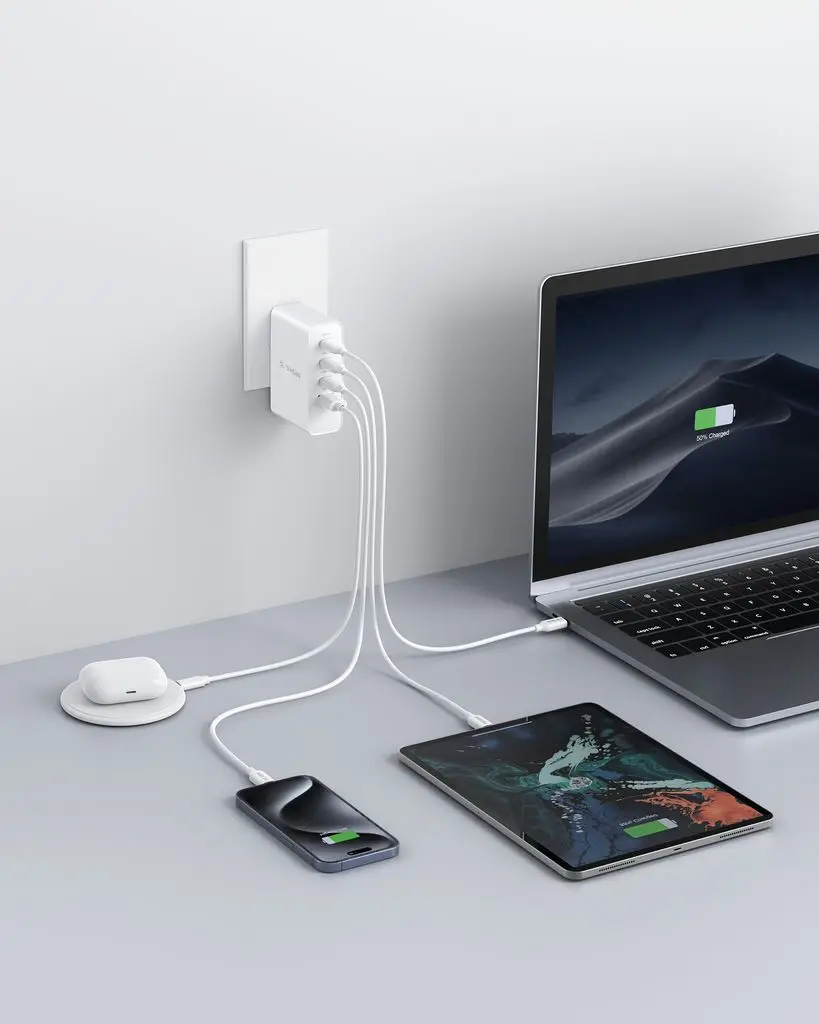 GaN Snabbladdare 3x USB-C + 1x USB-A 100W Vit