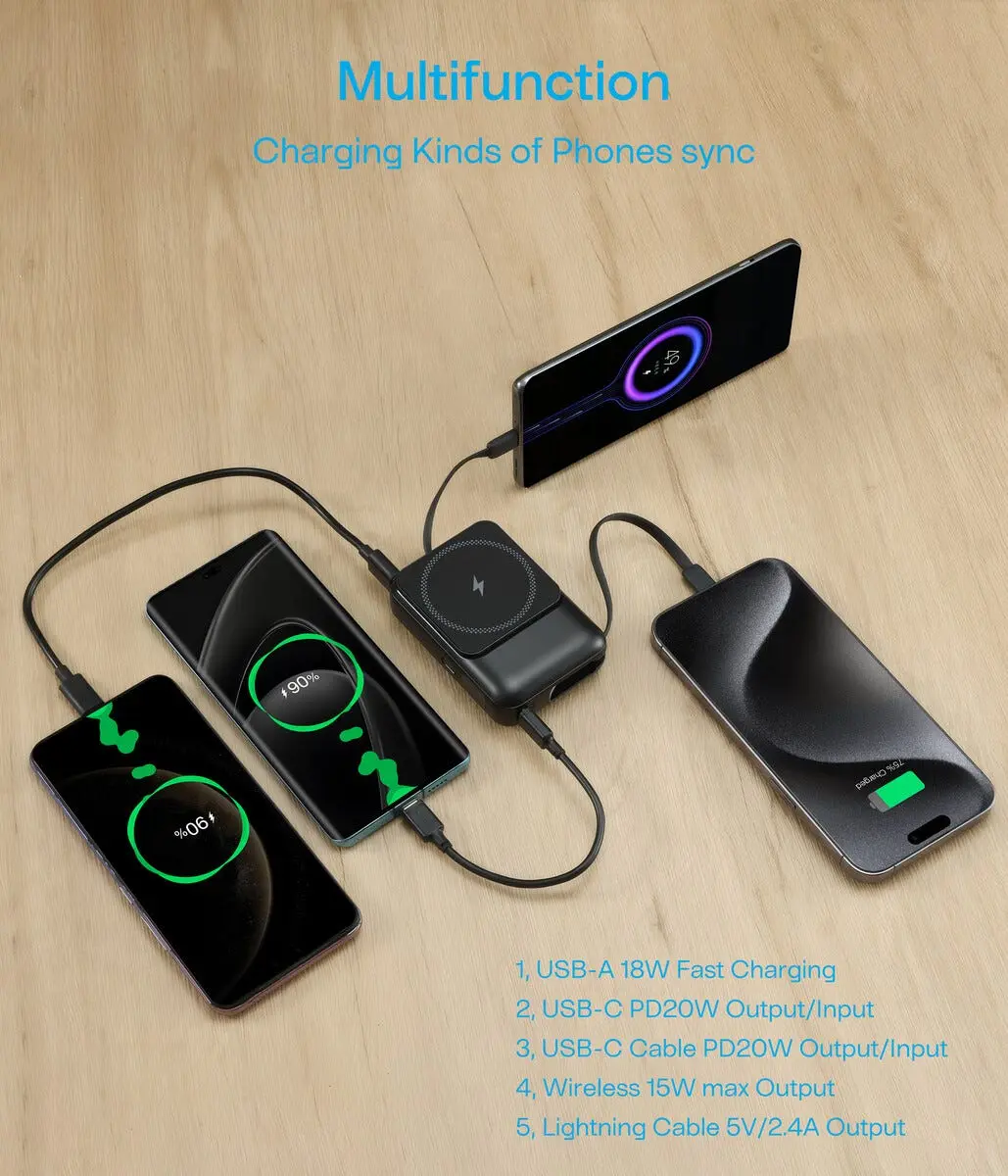 Powerbank med trådlös laddning och inbyggda kablar 10000mAh 15W Svart