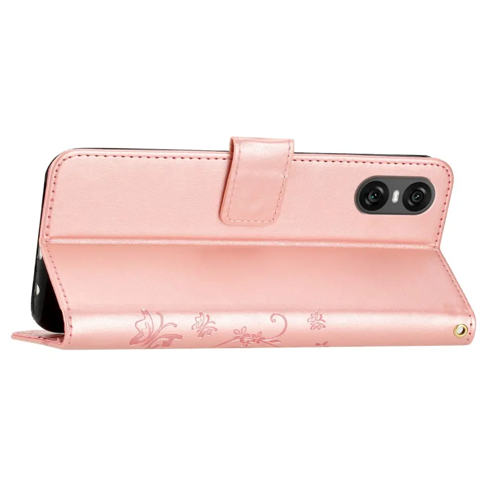Läderfodral Fjärilar Sony Xperia 10 VI Rosa guld