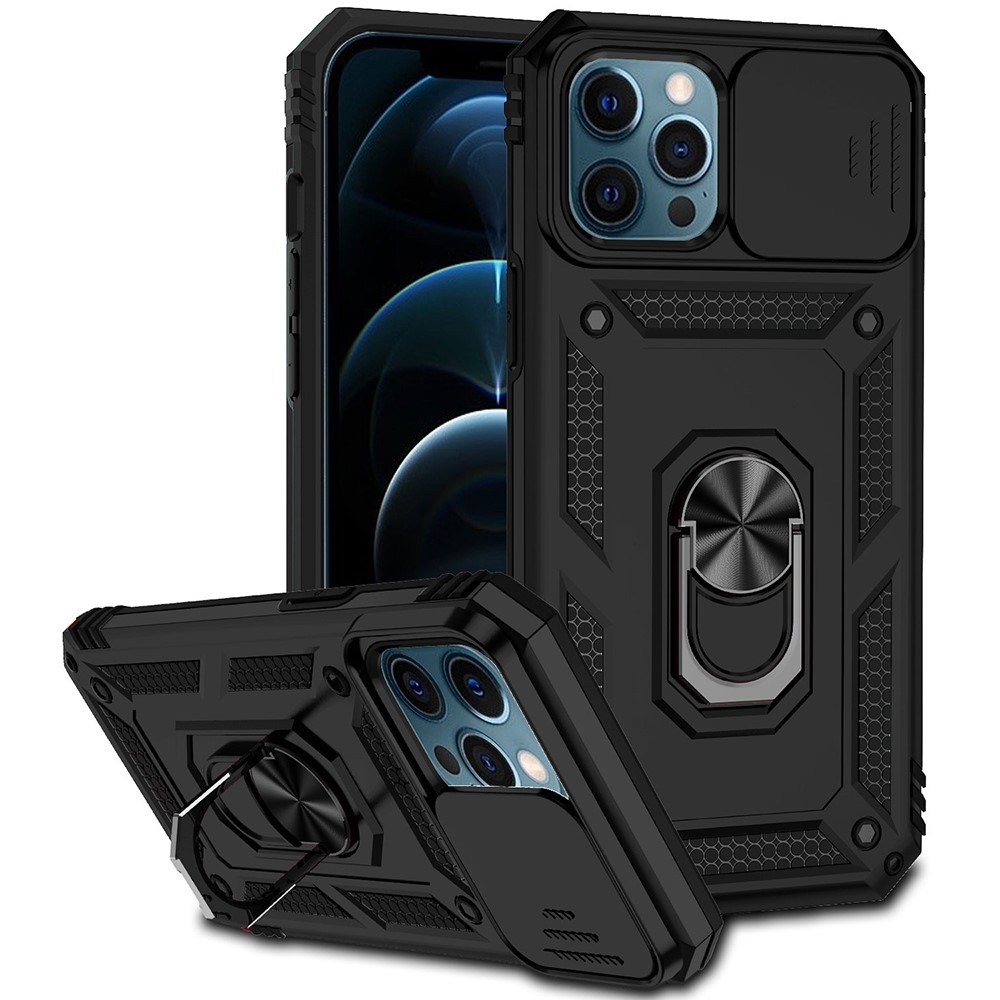 Hybriddeksel Ring + Kamerabeskyttelse iPhone 12 Pro Max Svart - Kul deksel med kamerahull