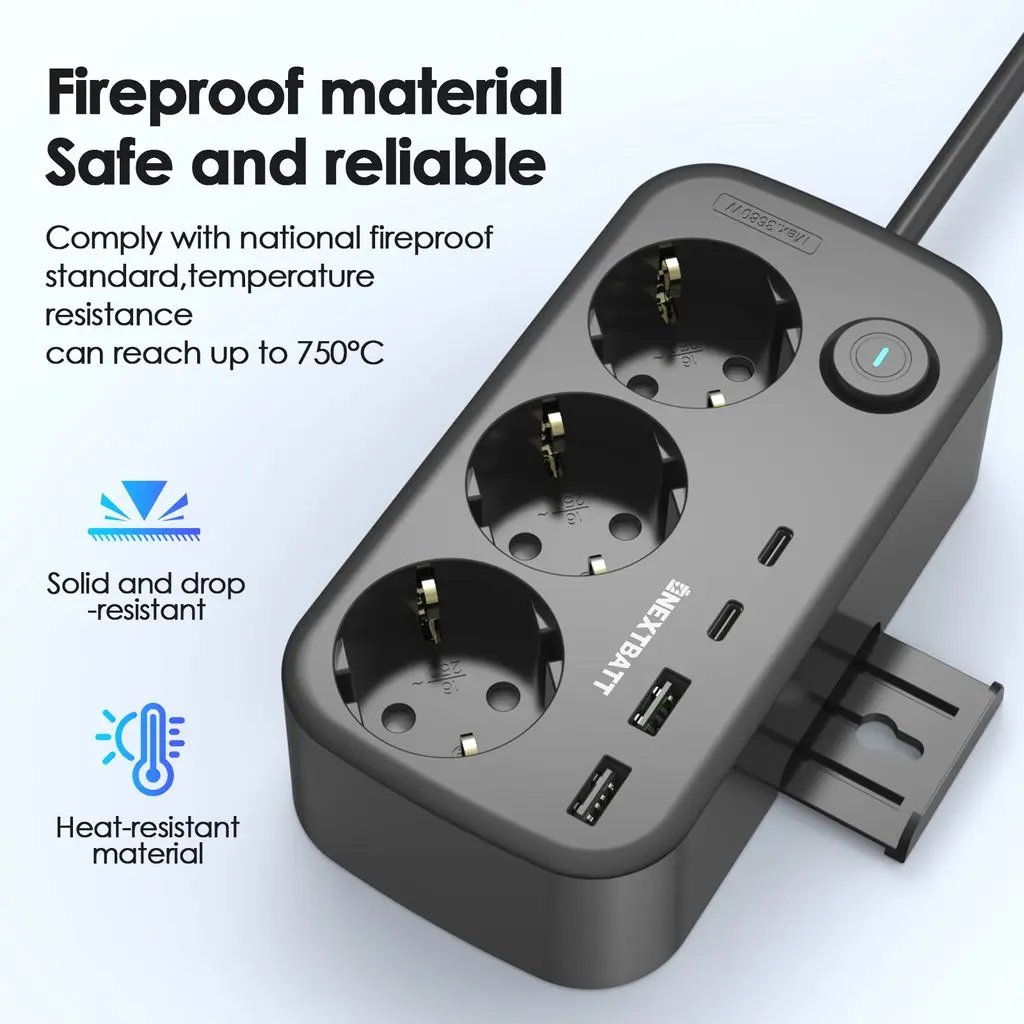 Jordat Grenuttag med strömbrytare 3-vägs + 2x USB-C + 2x USB-A 230V 1.5m, Svart