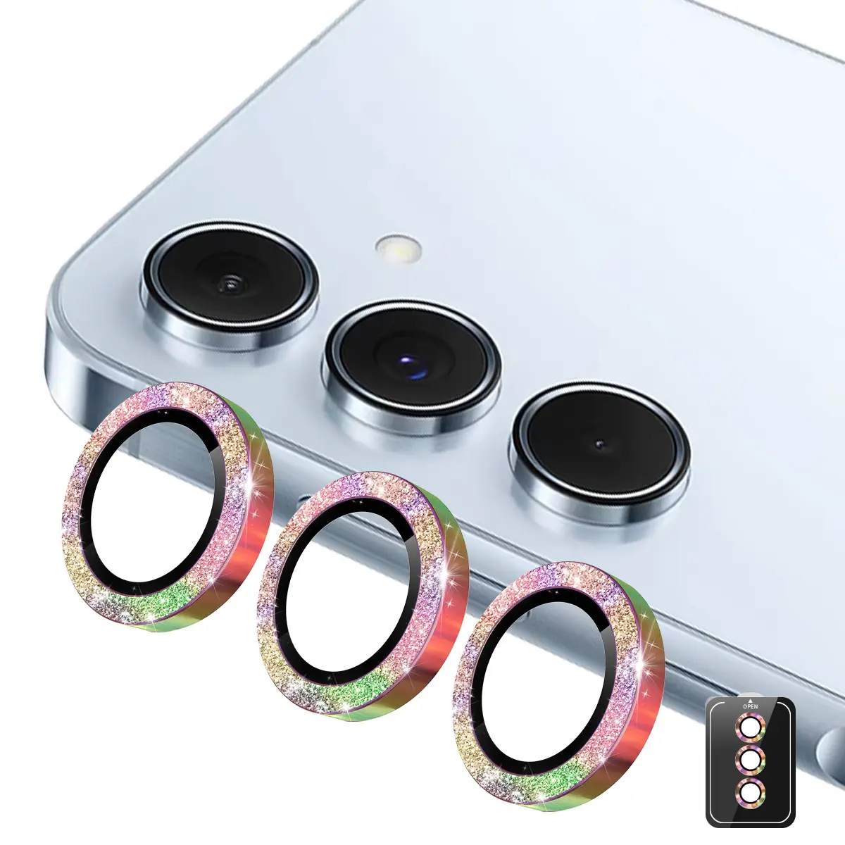 Glitter Linsebeskytter Aluminium Samsung Galaxy A37 Regnbue