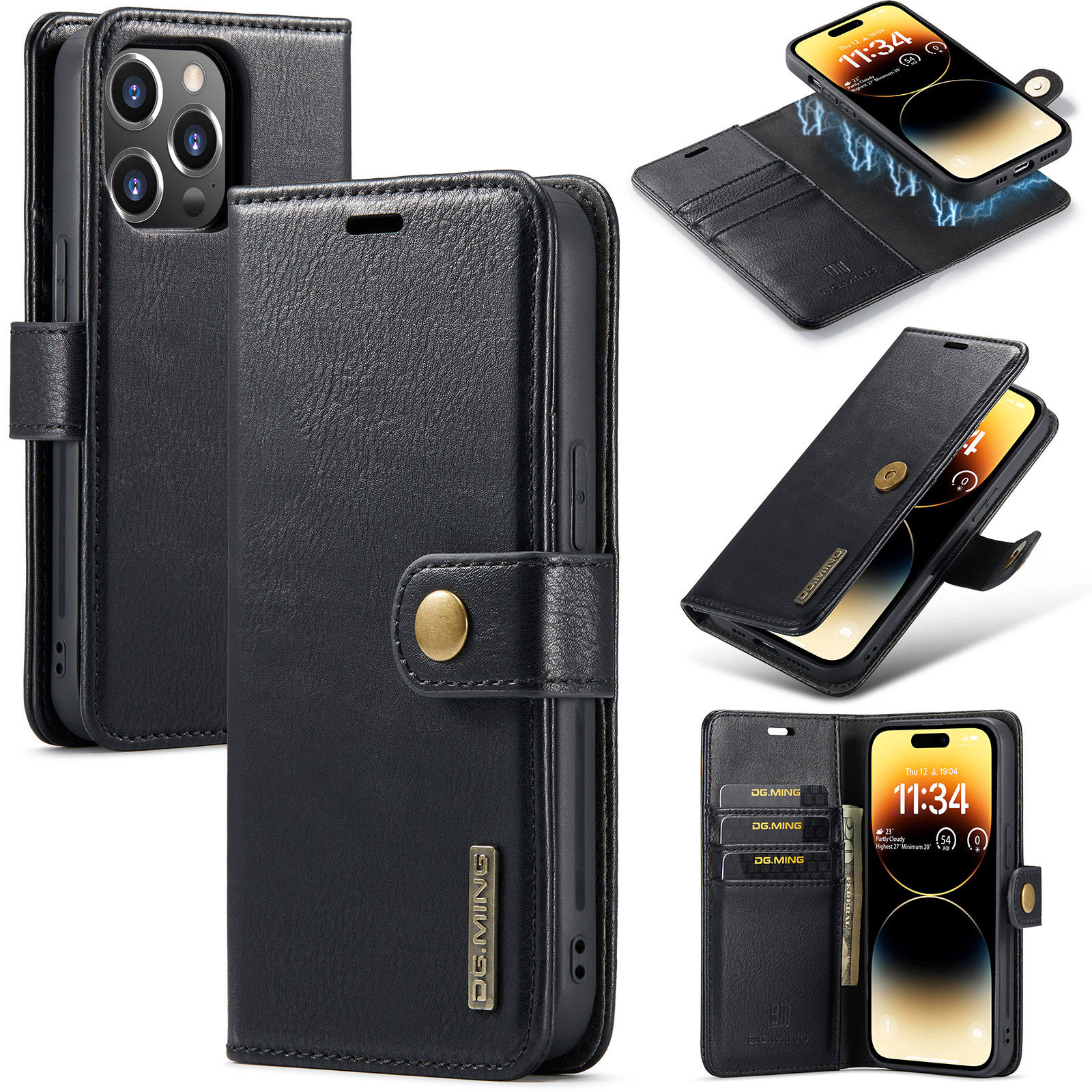 DG.MING iPhone 15 Pro Lommeboketui med avtakbart deksel, Black