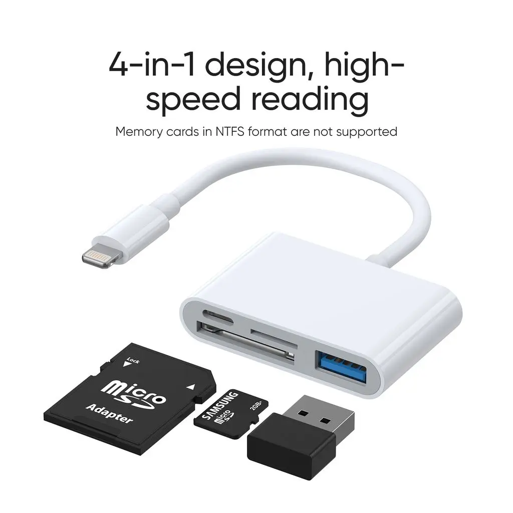 4-i-1 Adapter Lightning till USB-A + SD/TF + Lightning Vit