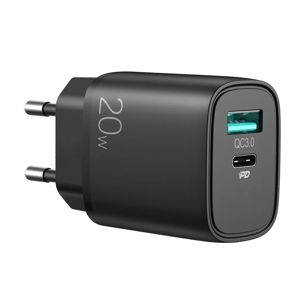 Hurtigoplader USB-C & USB-A, PD & QC 3.0 20W Sort