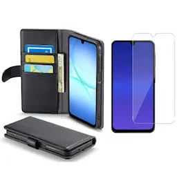 Samsung Galaxy A17 Sett Lærveske og skjermbeskytter i glass Svart