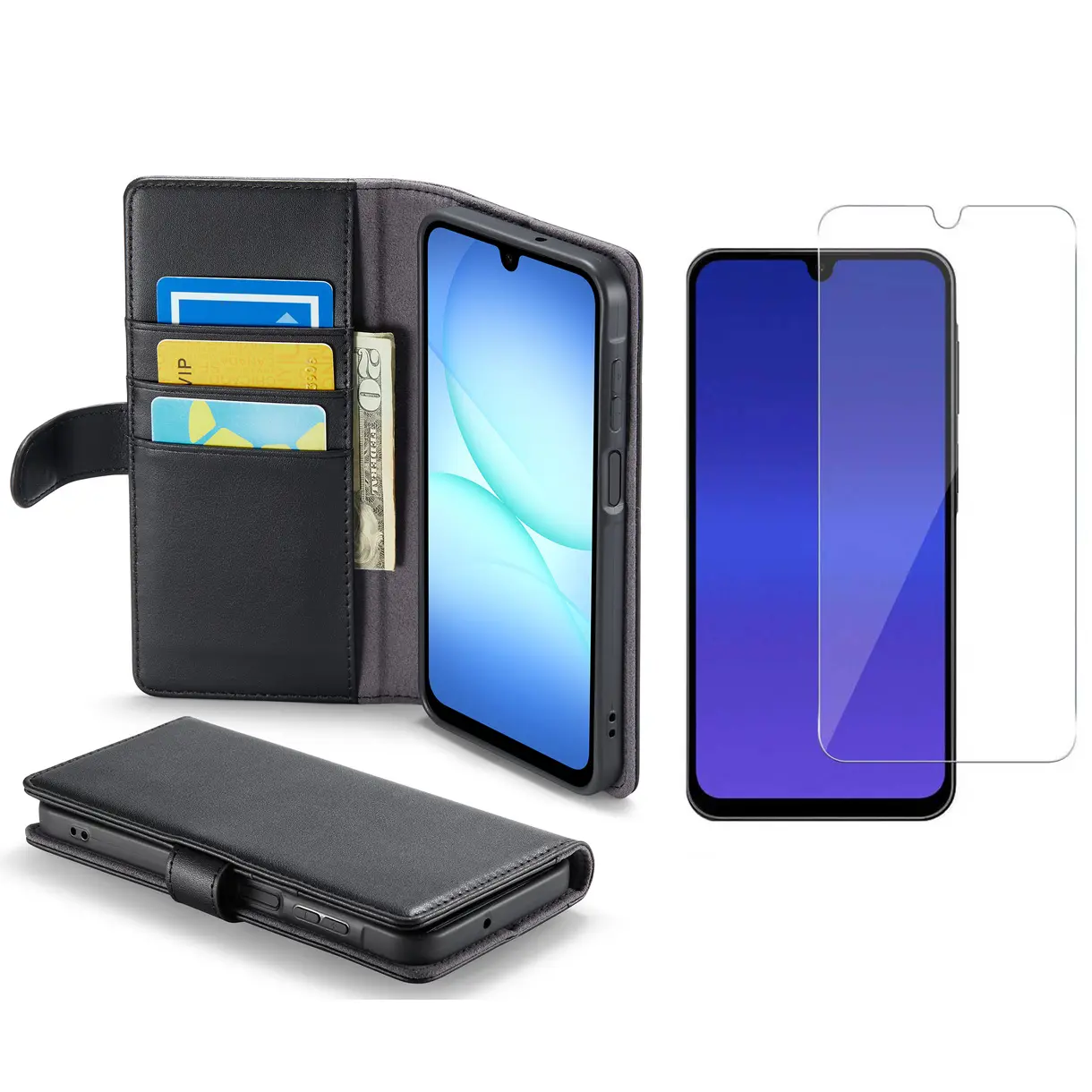 Samsung Galaxy A17 Kit læderetui MagSafe og skærmbeskyttelse i glas Sort