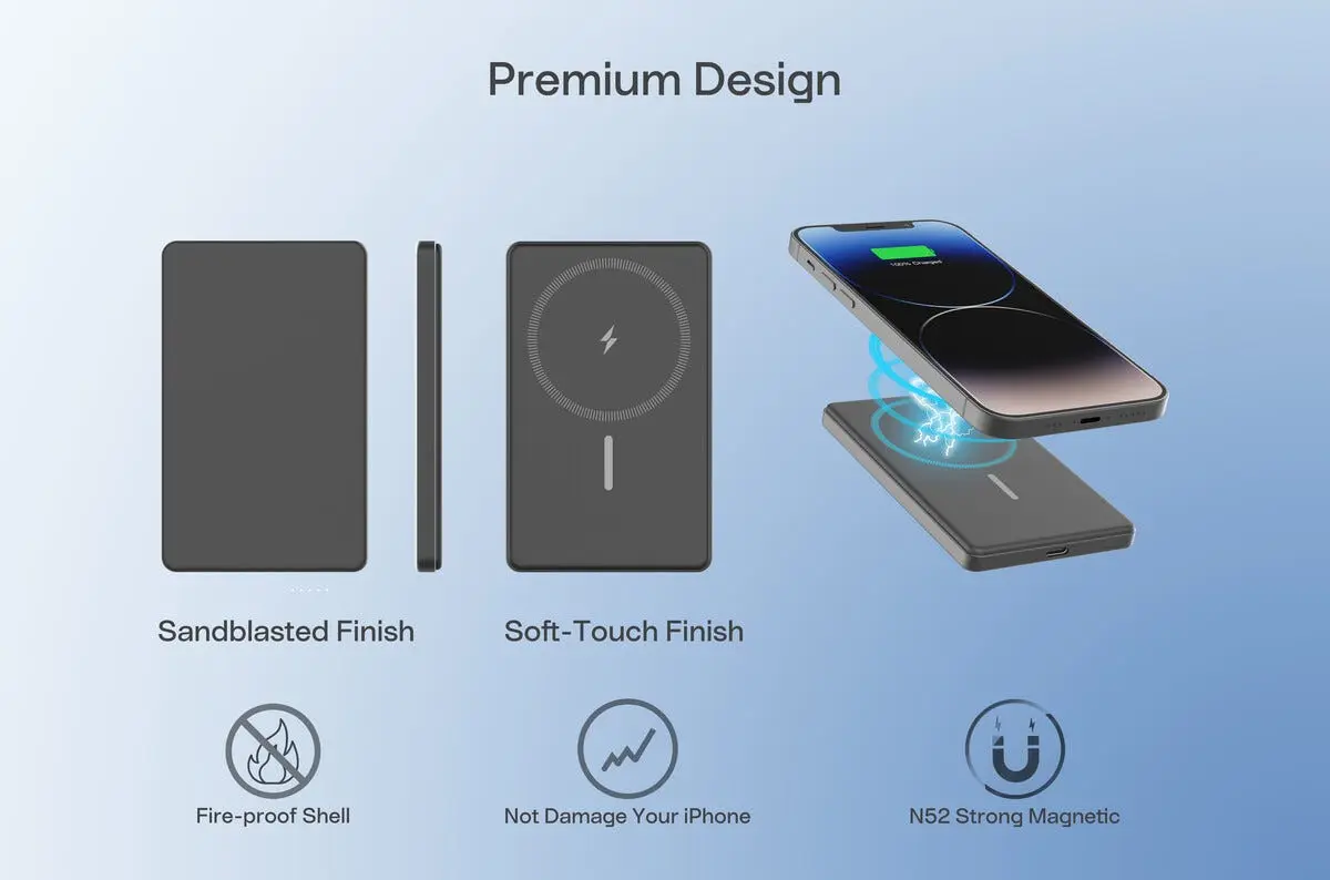 Magnetisk Trådlös Powerbank 5000mAh 15W Grå