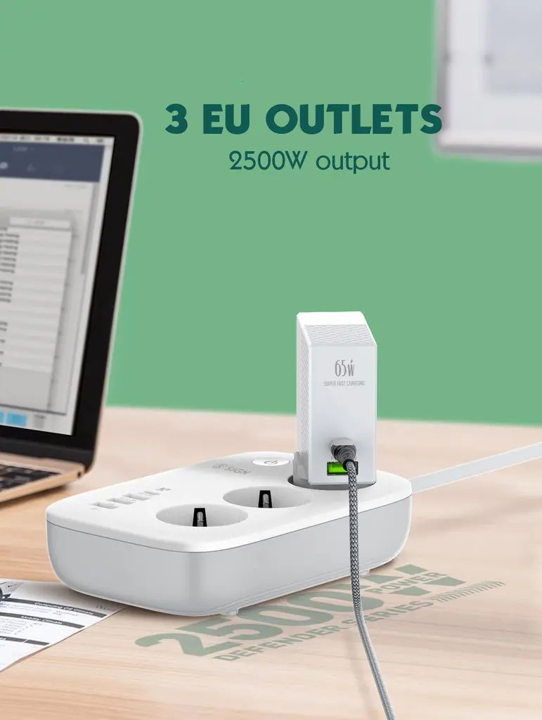 Smart WiFi 3-vägs Grenuttag med USB-C + 3 x USB-A 2m Vit
