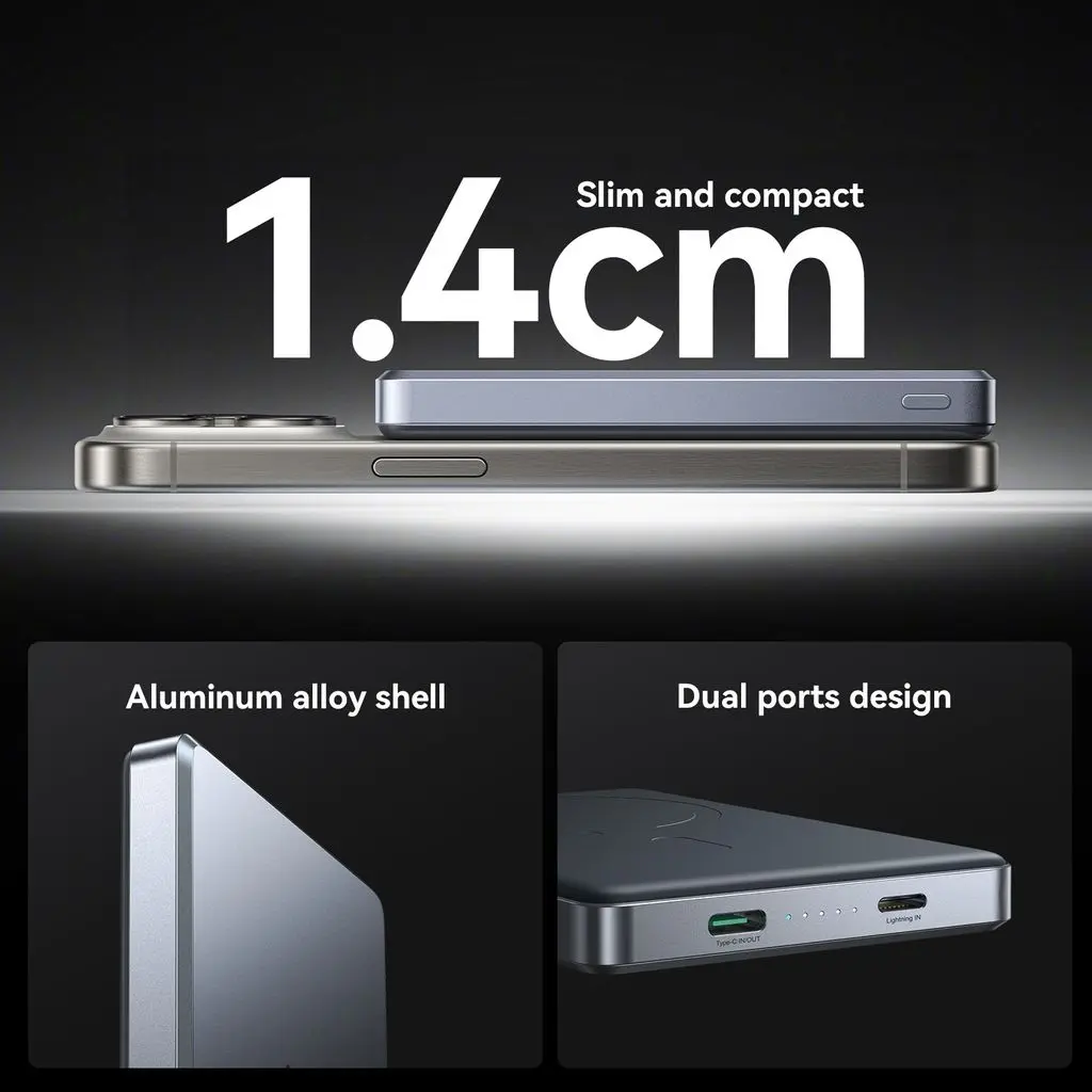 Trådlös Magnetisk Ultratunn Powerbank 10000 mAh 20W Grå