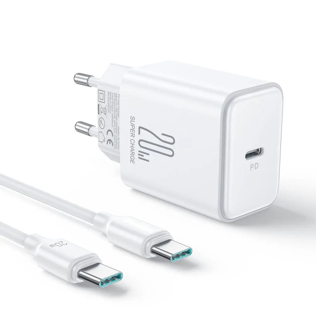 20W hurtigoplader PD + 60W USB-C-kabel 1m Hvid