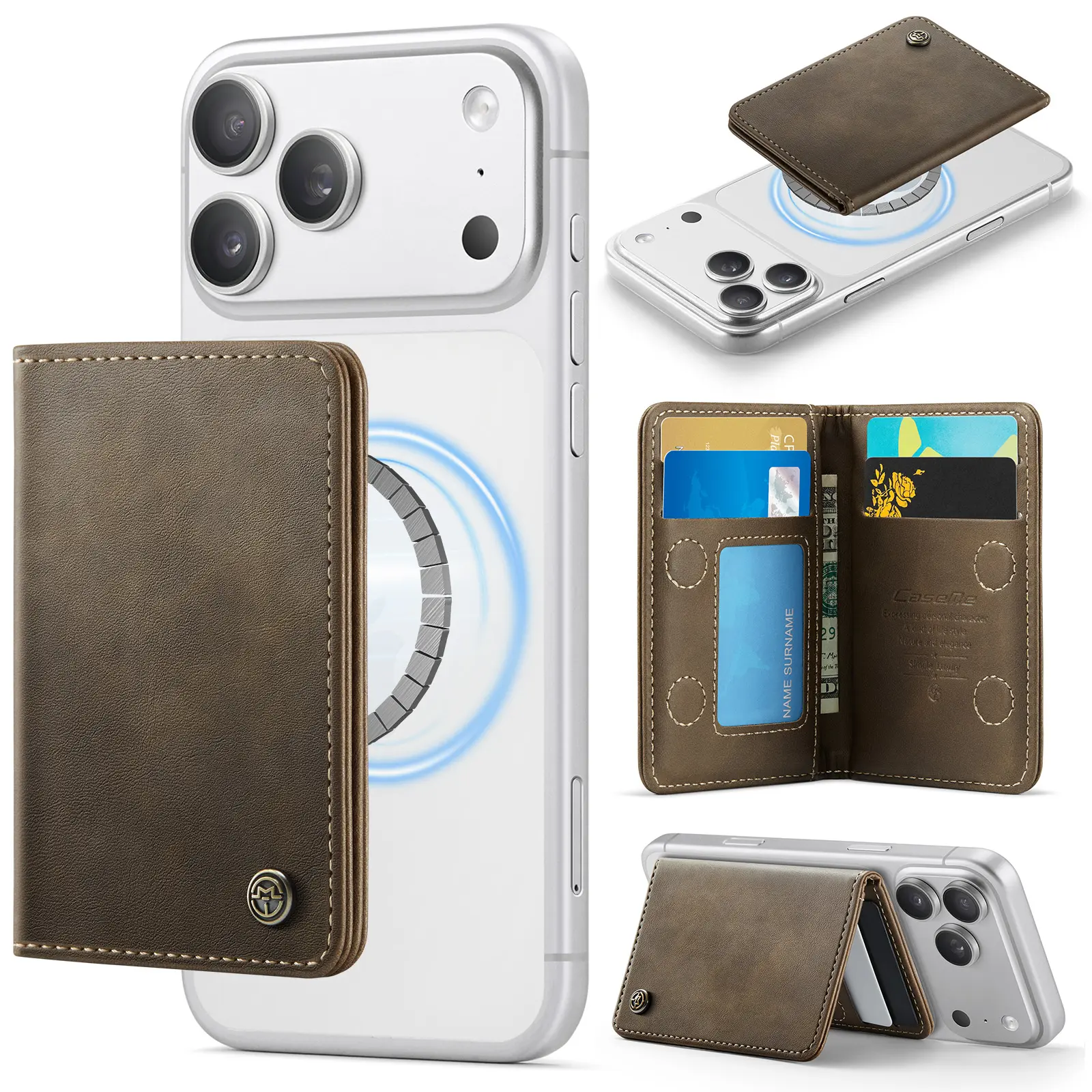 MagSafe korthållare i läder med ställfunktion och RFID-skydd, Brun