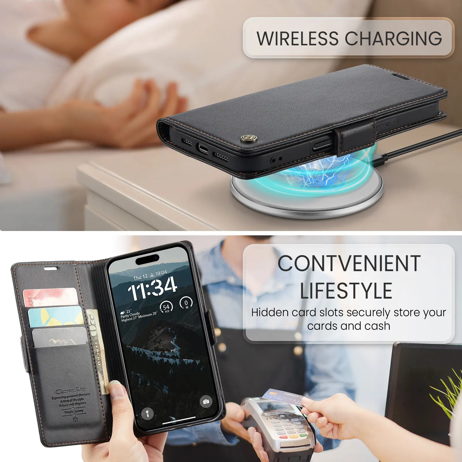 Slim Plånboksfodral RFID-skydd iPhone 17 Svart