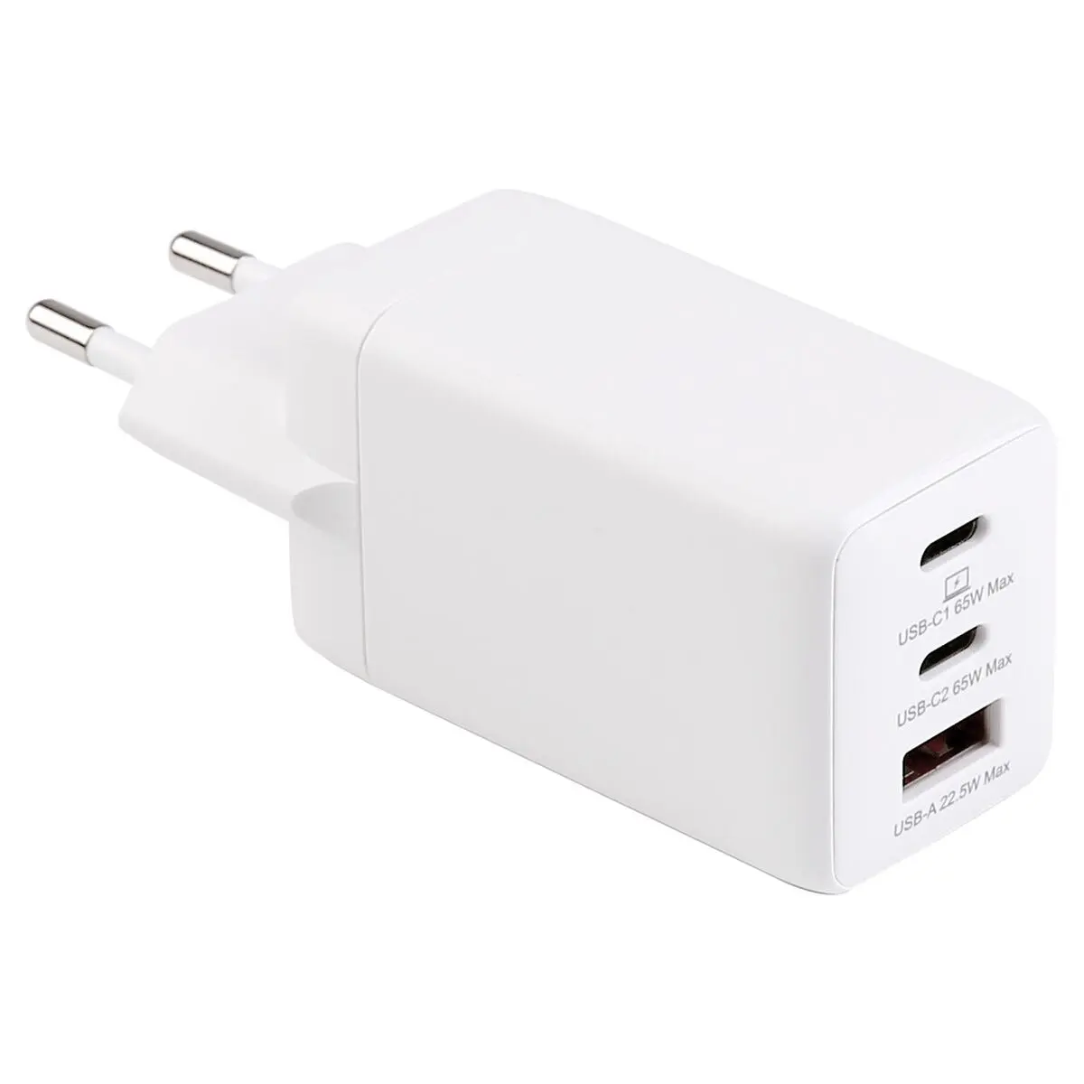 GaN Vægoplader USB-A + 2 x USB-C 65W Hvid