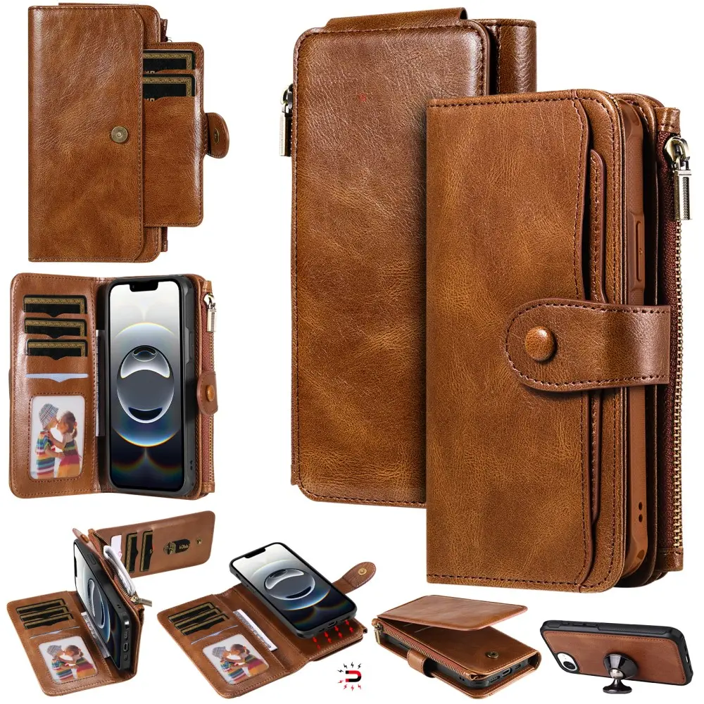Magnet Leather Multi-Wallet iPhone 16e Brun