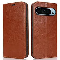 Google Pixel 9 Pro XL Tyylikäs aidosta nahasta valmistettu suojakotelo, Ruskea