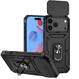 iPhone 17 Pro Max Skal med kameraskydd & fingerring, Svart
